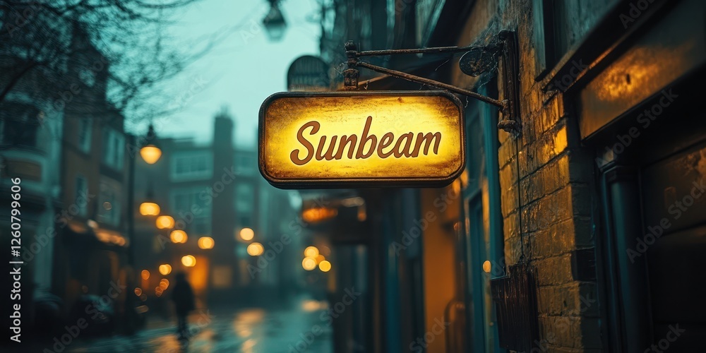 Obraz premium A nostalgic view of an atmospheric urban street scene during a rain-soaked evening, with a glowing vintage sign that reads 