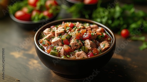 Wet dog food in a bowl with meat and fish. photo