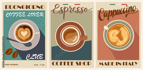 Set of retro style coffee posters with different type of coffee, espresso, americano, cappuccino. Coffee lover club, coffee shop sign template. Flat vector illustration