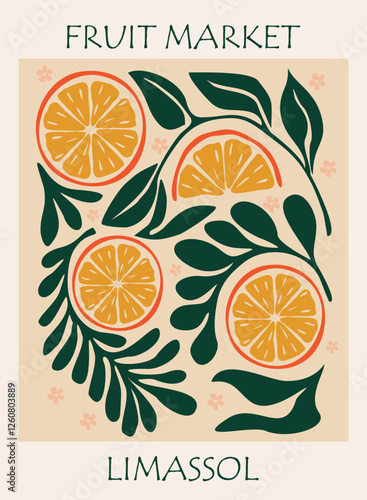 Abstract Fruit Market Limassol retro poster. Trendy contemporary wall art with orange citrus fruit design. Modern naive groovy interior decoration, vector art painting.