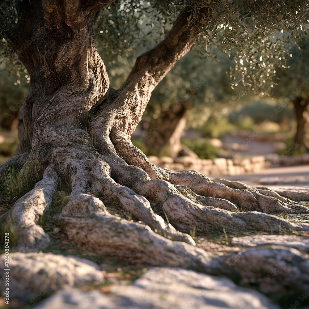 Ancient olive tree with twisted gnarled roots spreading across a rocky terrain, bathed in warm evening light – symbol of strength, longevity, and Mediterranean nature Ancient olive tree with twisted gnarled roots spreading across a rocky terrain, bathed in warm evening light – symbol of strength, longevity, and Mediterranean nature
