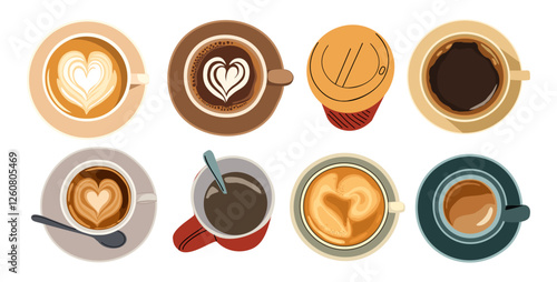 Set of different coffee cups top view, espresso, cappuccino, latte with milk foam in heart shape, disposable paper takeaway coffee cup with lid, americano in mug. Flat vector illustrations isolated 