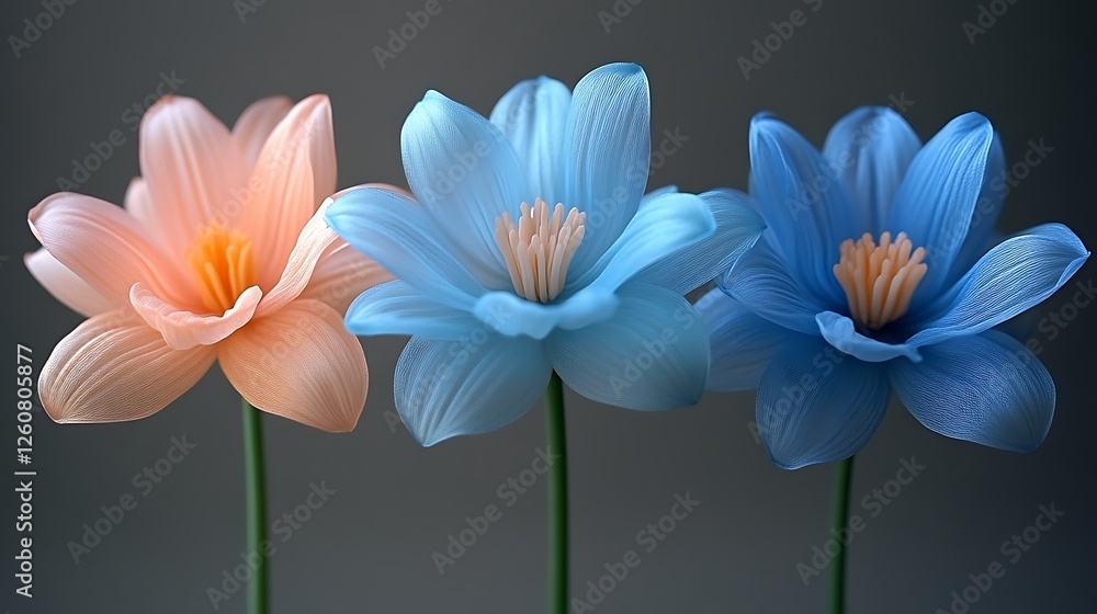 Fototapeta premium Three Delicate Flowers in Pastel Hues Bloom Together