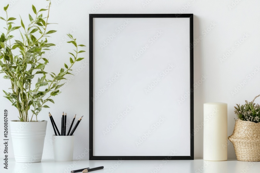 Minimalist workspace with blank frame and greenery inviting creativity and inspiration Minimalist workspace with blank frame and greenery inviting creativity and inspiration