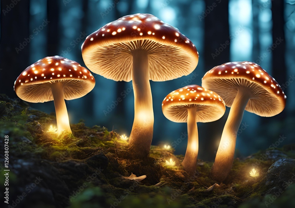 Fototapeta premium Glowing mushrooms cluster illuminated enchanting magical forest scene on white light background