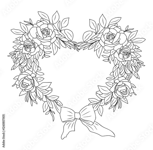 Floral wreath frame in heart shape with rose flowers and leaves. Outline hand drawn vector illustration isolated on white background