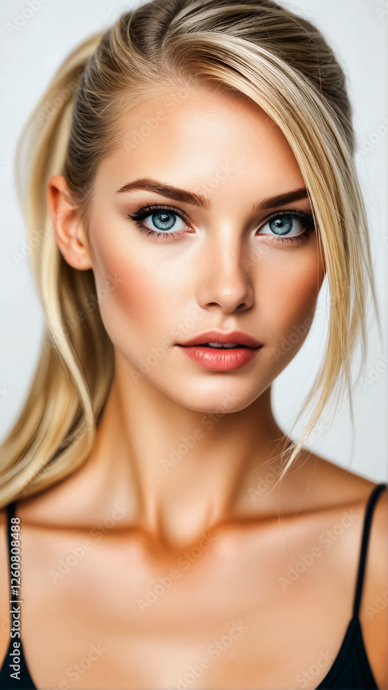 Portrait of a model with very beautiful eyes and sleek ponytail haircut closeup. Blonde Portrait of a model with very beautiful eyes and sleek ponytail haircut closeup. Blonde
