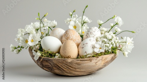 A rustic wooden basket showcases an array of intricately decorated eggs nestled among fresh flowers and greenery, perfect for spring festivities. The arrangement evokes a cheerful ambiance
