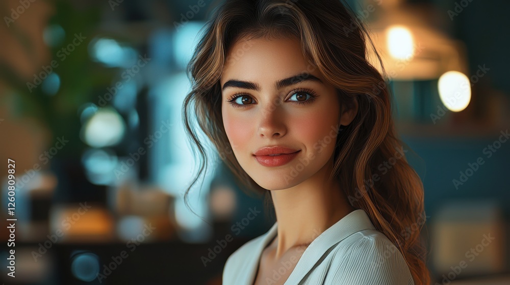 Beautiful young woman with wavy hair smiling softly in a cozy indoor setting during the golden hour, showcasing natural beauty and warmth Beautiful young woman with wavy hair smiling softly in a cozy indoor setting during the golden hour, showcasing natural beauty and warmth