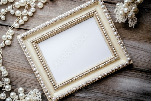 Elegant pearl adorned frame resting on a wooden surface, ready for cherished memories to be captured and displayed beautifully photo