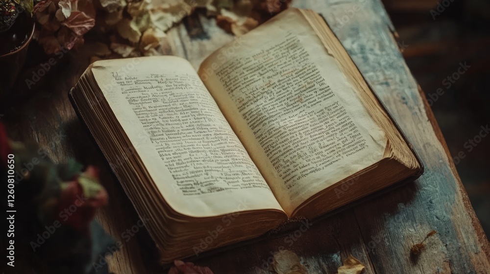 Fototapeta premium Open old vintage book, rustic wooden table. Nostalgic, faded text, forgotten stories, timeless knowledge concept. Beauty of literature, antiquity, historical volume. Wind turns yellowed with age pages