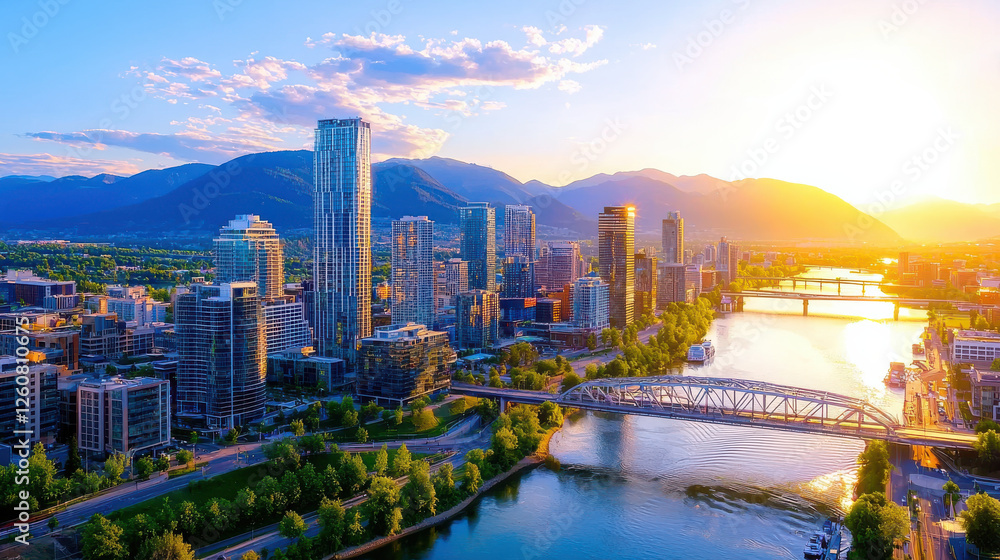 Fototapeta premium stunning city skyline at sunset, featuring tall buildings and river flowing through landscape, surrounded by mountains and greenery