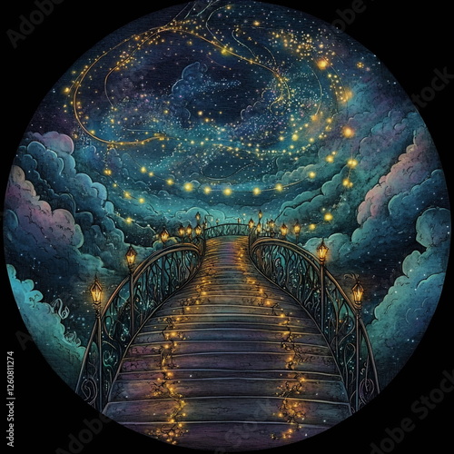 Zentangle drawing of an enchanted bridge adorned with glowing fairy lights. Intricate mandala art in pastel colors creating a magical, whimsical atmosphere in a dreamy landscape. photo