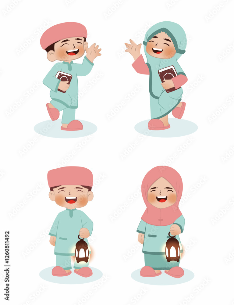 Children on Ramadan Nights Holding Quran and lantern vector Children on Ramadan Nights Holding Quran and lantern vector