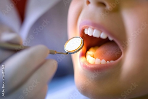 Young asian child receiving dental checkup with mirror reflecting healthy teeth