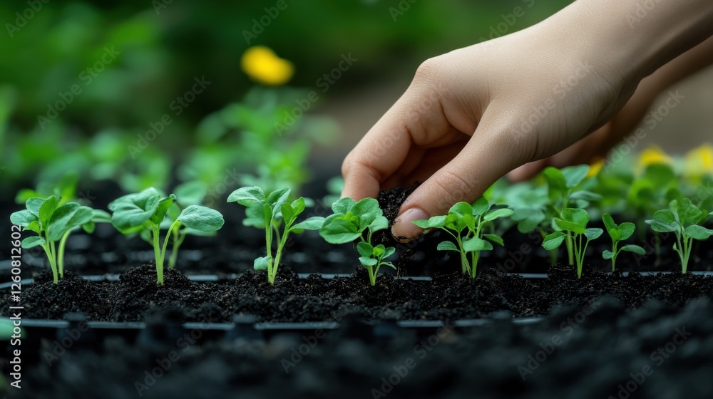 Hands carefully transplanting young seedlings into rich soil in a vibrant greenhouse filled with healthy plants during the growing season Hands carefully transplanting young seedlings into rich soil in a vibrant greenhouse filled with healthy plants during the growing season