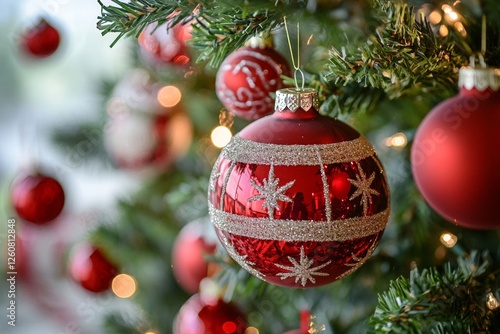 Festive red christmas ornaments on tree with glittering decorations and lights