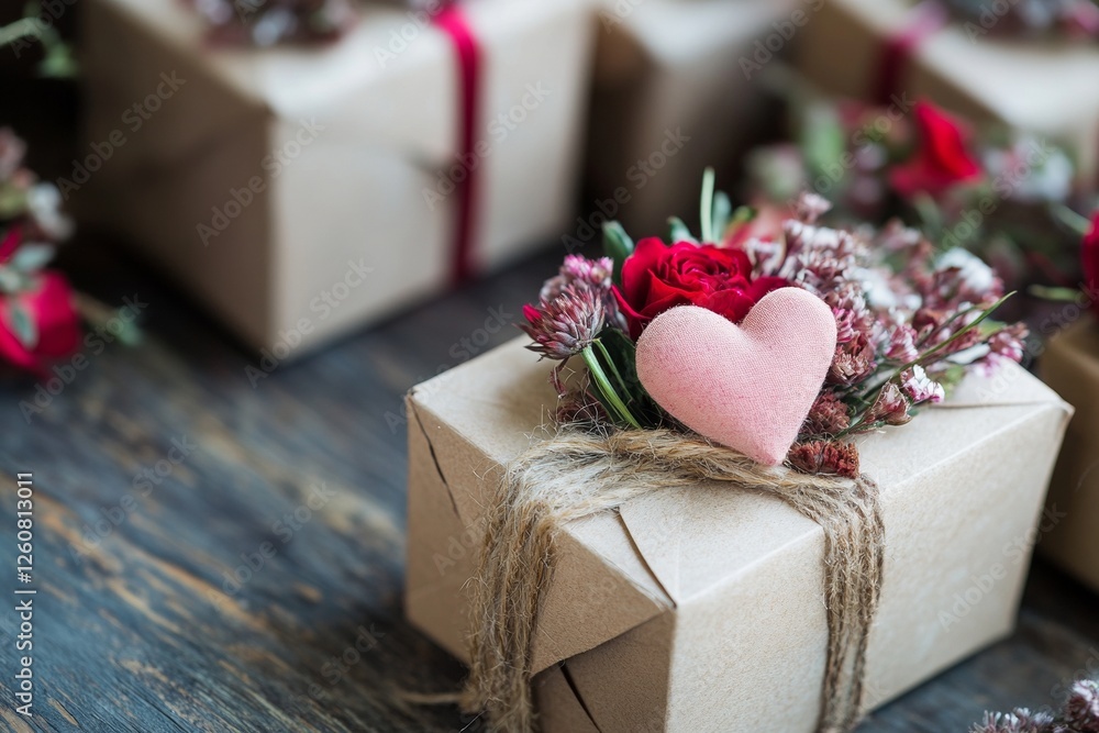 Rustic gift box with red roses and heart decoration on wooden surface Rustic gift box with red roses and heart decoration on wooden surface