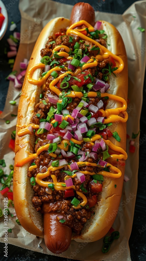 Savory chili dog topped with onions and mustard served on parchment paper in a cozy kitchen setting Savory chili dog topped with onions and mustard served on parchment paper in a cozy kitchen setting