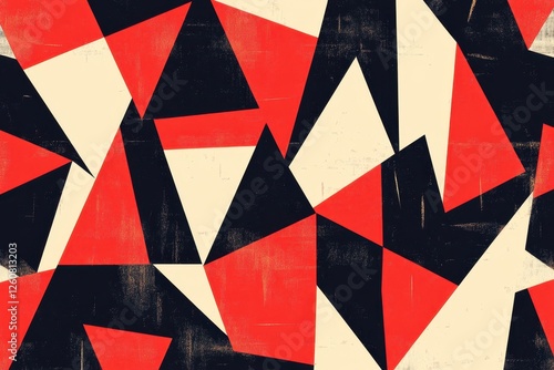 Dynamic interplay of geometric shapes in bold colors creates an engaging abstract canvas of artful energy and contrast