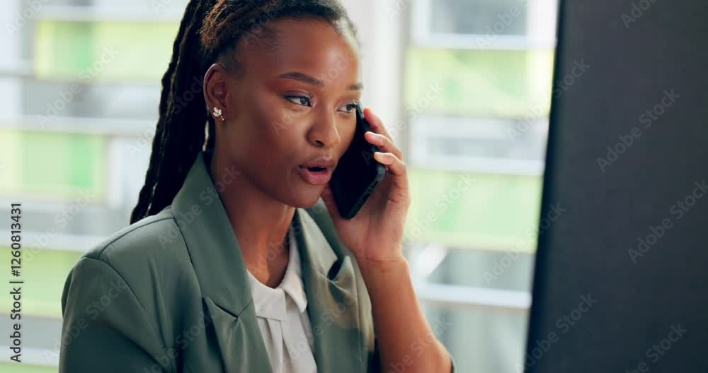 Computer, black woman and phone call in office for discussion, article information and interview source. Smile, female journalist and research with mobile for business news, story questions or answer