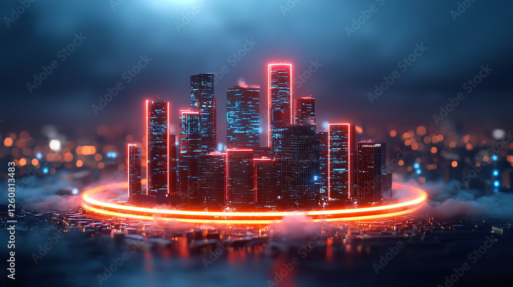 Fototapeta premium futuristic AI powered city with glowing holograms and neon lights