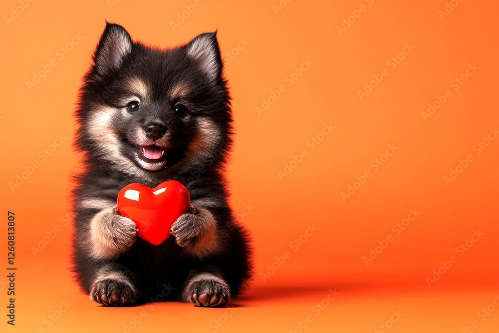 Fototapeta Finnish lapphund - my beloved dog. Marketing conceptual art. Cute finnish lapphund pup with diamond red heart - symbol of love, funny greeting card. Valentine's pet poses. Valentine's animals.