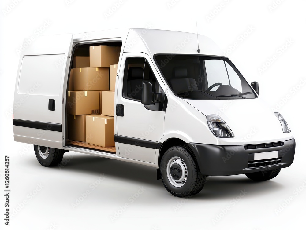 Naklejka premium Delivery Boxes Packed and service. White delivery van loaded with cardboard boxes ready for transport.
