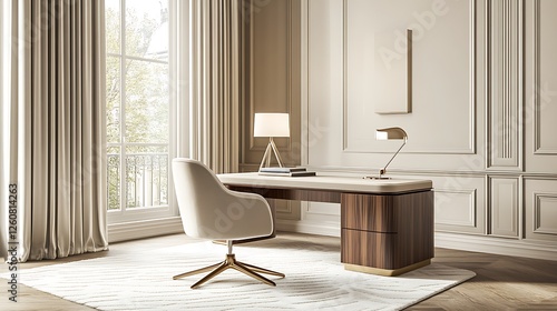 Elegant Home Office Desk With Modern Chair And Lamps