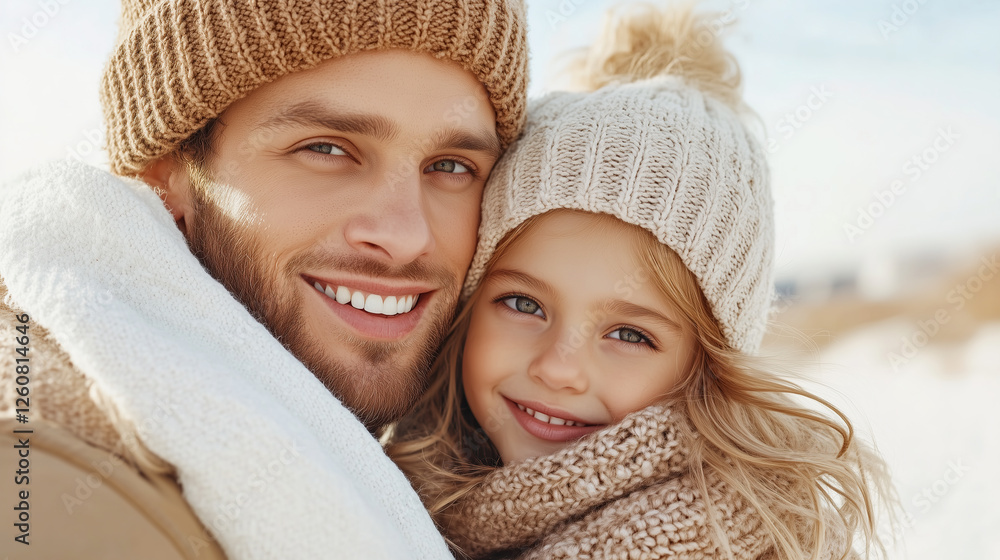 Portrait of a young father and sweet little daughter on a winter day Portrait of a young father and sweet little daughter on a winter day