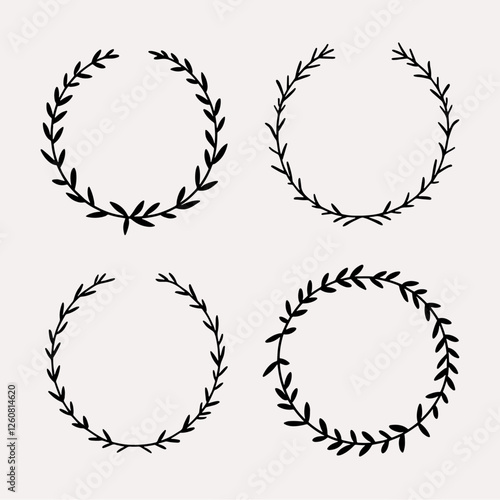 Set of black laurels frames branches. Vintage laurel wreaths collection. Hand drawn vector laurel leaves decorative elements. Leaves, swirls, ornate, award, icon. Vector illustration.