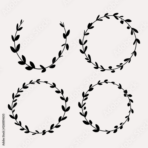 Set of black laurels frames branches. Vintage laurel wreaths collection. Hand drawn vector laurel leaves decorative elements. Leaves, swirls, ornate, award, icon. Vector illustration.