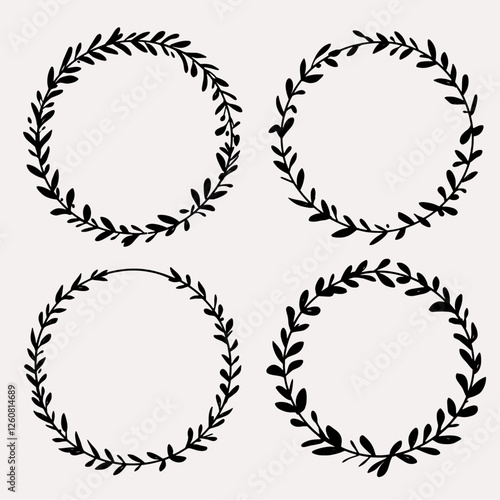 Set of black laurels frames branches. Vintage laurel wreaths collection. Hand drawn vector laurel leaves decorative elements. Leaves, swirls, ornate, award, icon. Vector illustration.