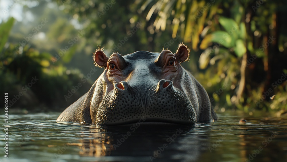Fototapeta premium Majestic Hippopotamus in Tranquil River Setting
