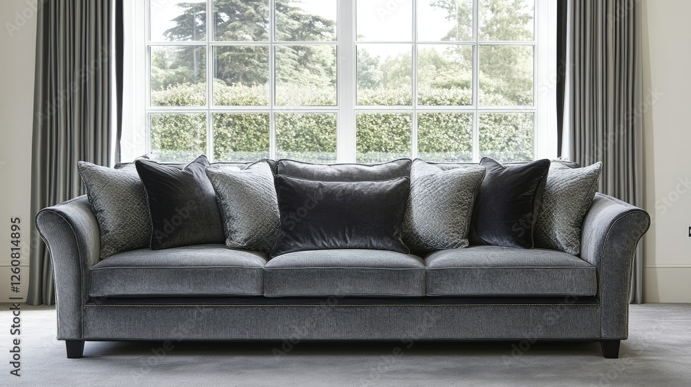 A stylish gray sofa with decorative throw pillows in a contemporary living space, illuminated by natural sunlight from a large window. A stylish gray sofa with decorative throw pillows in a contemporary living space, illuminated by natural sunlight from a large window.