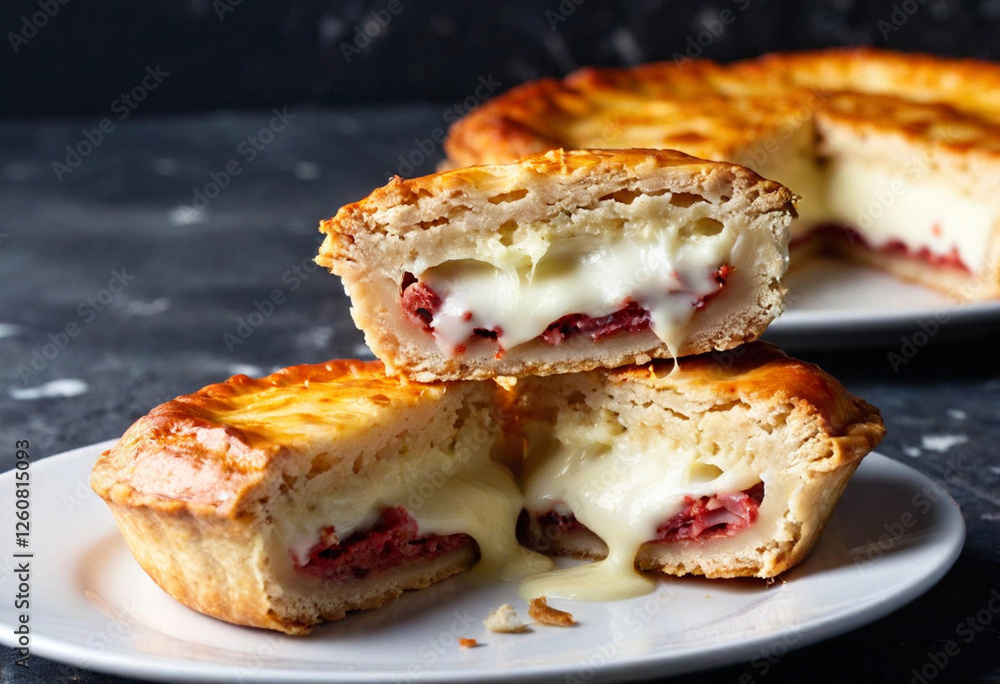 A macro shot focusing on the cut sections of two pie balls, showcasing gooey cheese and cured meats spilling out. The pie sits on a light dish against a soft, dark background. A pie composed of leaven A macro shot focusing on the cut sections of two pie balls, showcasing gooey cheese and cured meats spilling out. The pie sits on a light dish against a soft, dark background. A pie composed of leaven