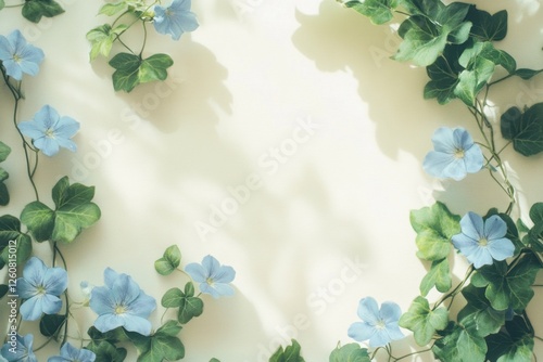 Delightful blue flowers and vibrant green leaves surround a soft pastel background in an artistic floral display