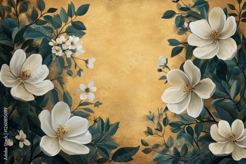 Elegant white magnolia blooms frame a golden backdrop with subtle hints of foliage in a serene botanical composition