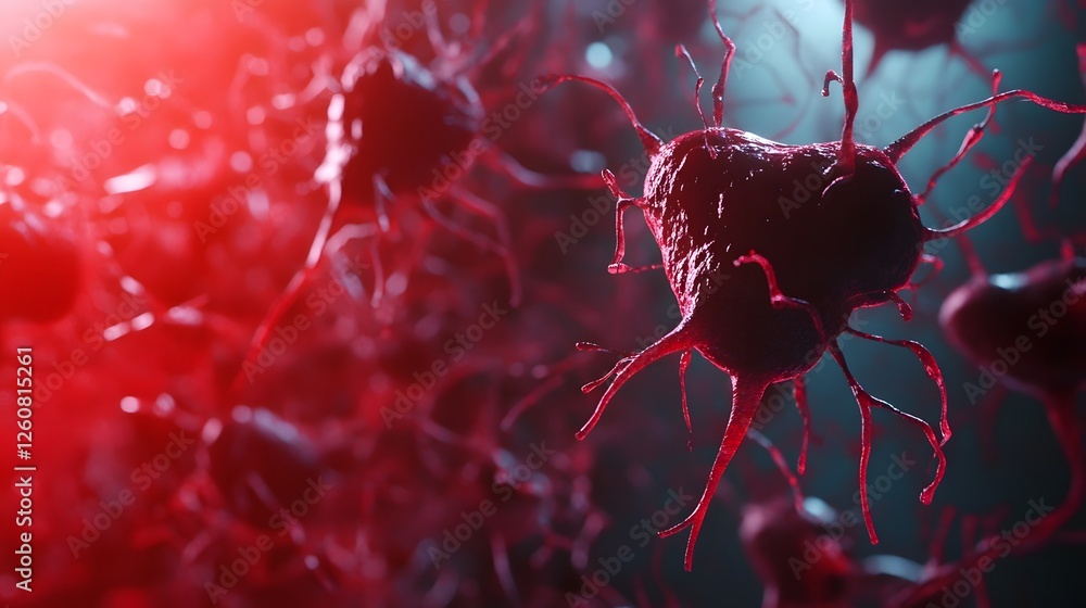 Closeup of a single red nerve cell with intricate branching dendrites and axon in a futuristic microscopic view representing the complex structure and connectivity of the human nervous system Closeup of a single red nerve cell with intricate branching dendrites and axon in a futuristic microscopic view representing the complex structure and connectivity of the human nervous system