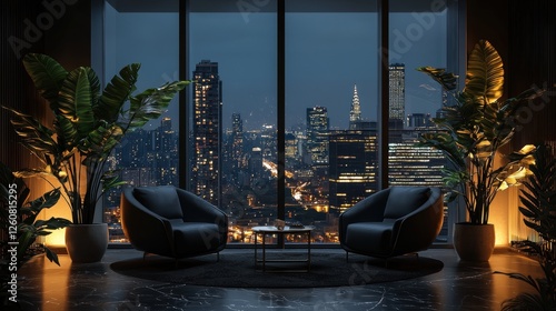 Room with two black chairs and a table in front of a window with a city view