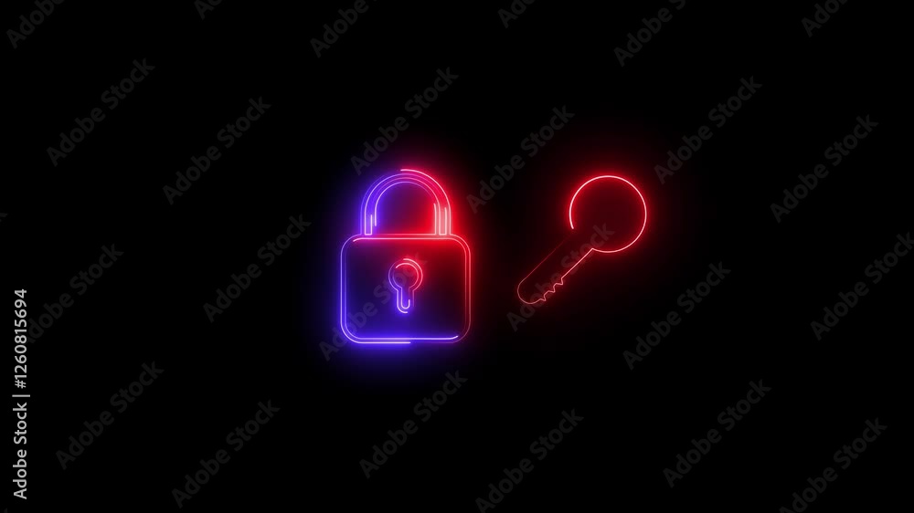 Neon dynamic lock and key icon glowing animated on the black background.