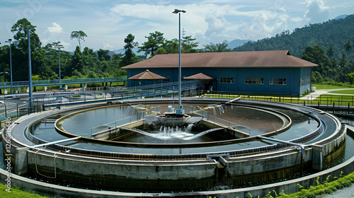 A modern wastewater treatment facility surrounded by greenery, efficiently purifying water while blending harmoniously with nature, symbolizing ecological sustainability.  photo