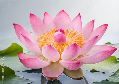 Pink lotus flowers in different blooming stages delicate aquatic plants on white light background