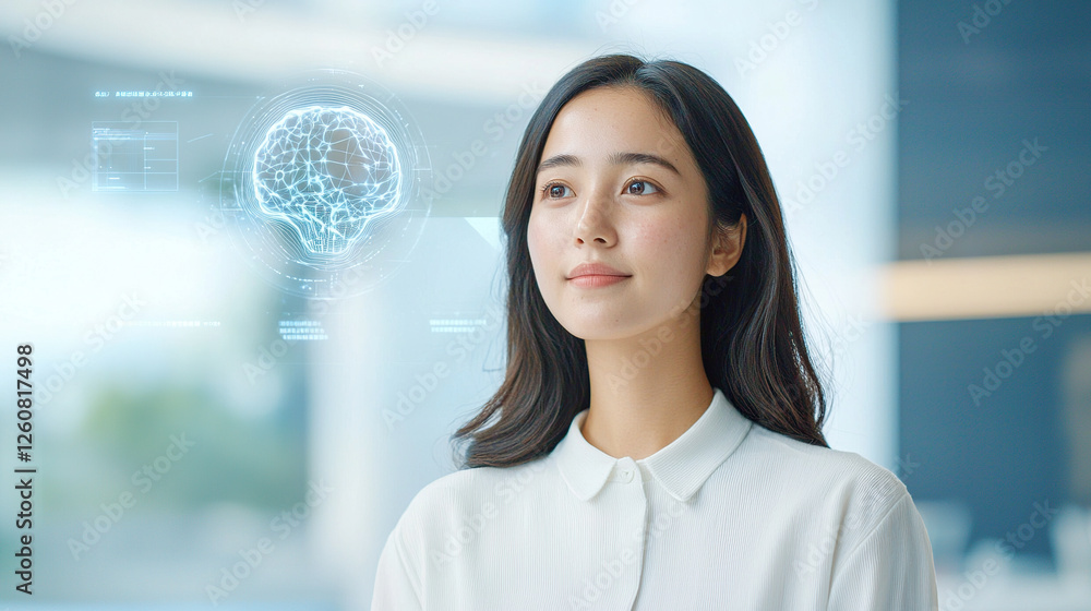 Obraz premium Futuristic woman with AI brain hologram and technology innovation, digital brain hologram, AI innovation