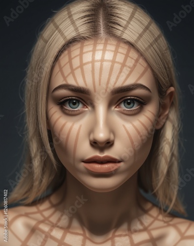  portrait of a blonde woman with striking spiral shadows projected onto her face, creating a hypnotic and surreal visual effect
