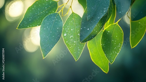 Eucalyptus leaves glistening with dew drops under the soft morning light creating nature's beauty