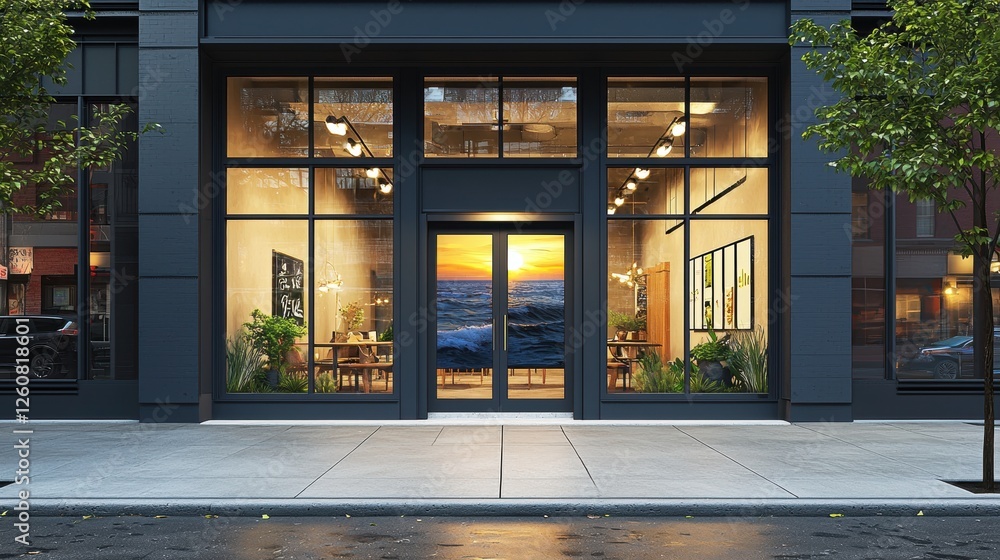 Large black building with a large window and a view of the ocean Large black building with a large window and a view of the ocean