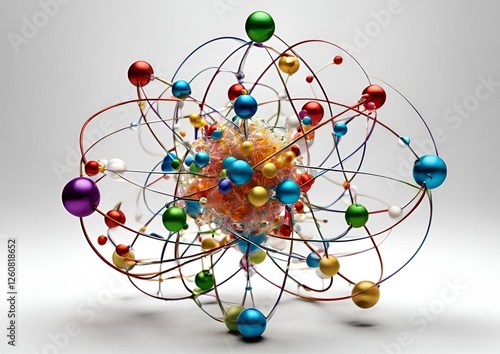 Scientific atom models with colorful electron orbits for physics and chemistry on white light background