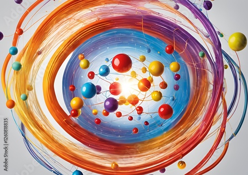 Scientific atom models with colorful electron orbits for physics and chemistry on white light background