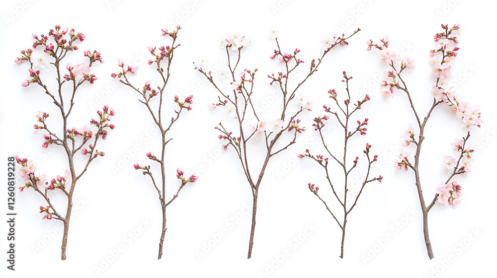 Fototapeta premium Set of budding cherry blossom branches isolated on white background.